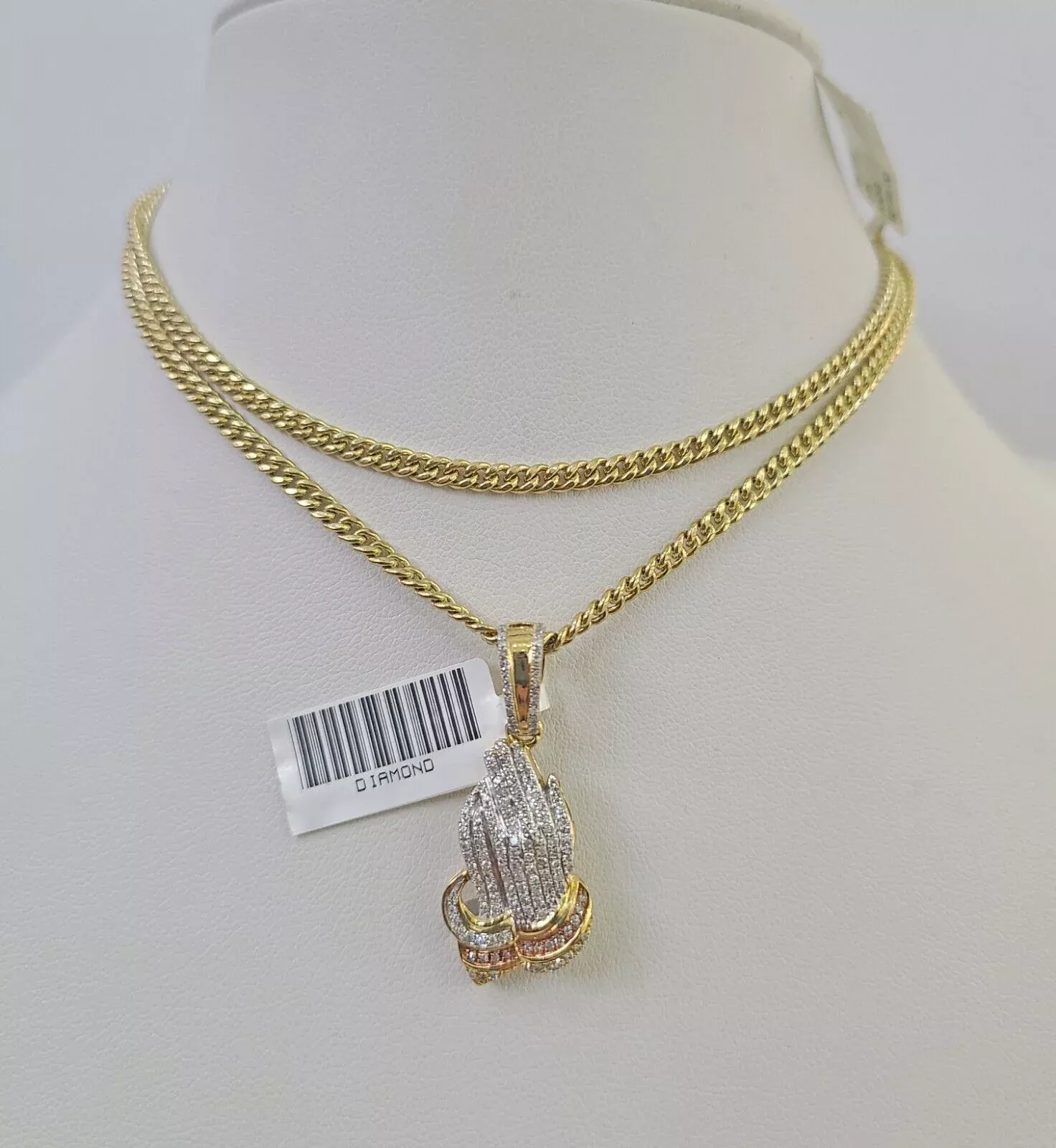 Real 10k Gold Necklace Chain Diamond Praying Hands Charm SET 3mm Miami Cuban