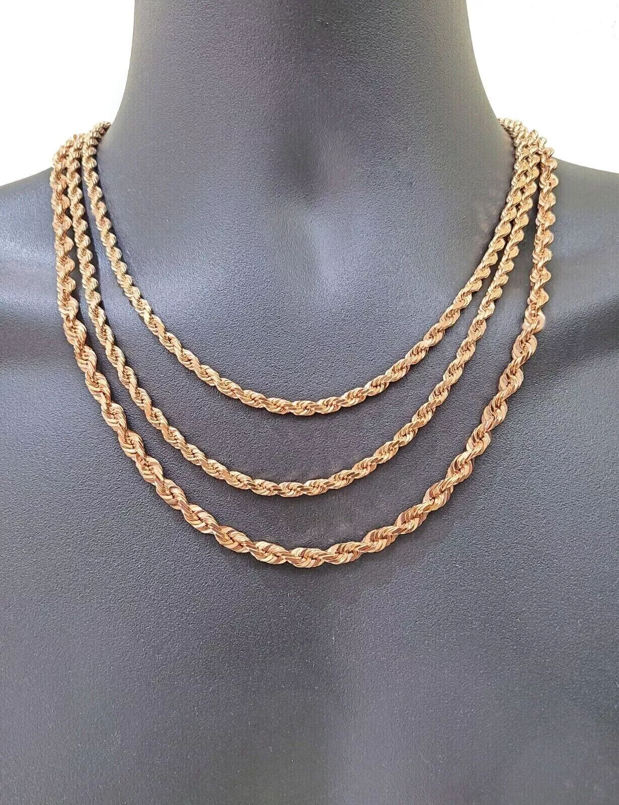 Real 10K Solid Rose Gold Rope Chain 4-6mmNecklace18-24'' inches Lobster Lock
