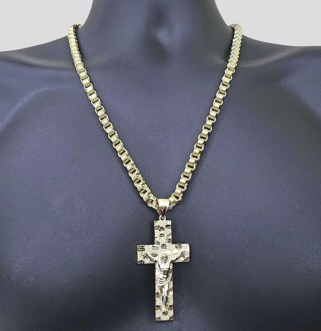 Real 10k Yellow Gold Box Byzantine Chain 24'' Necklace JesusCross Charm pendant