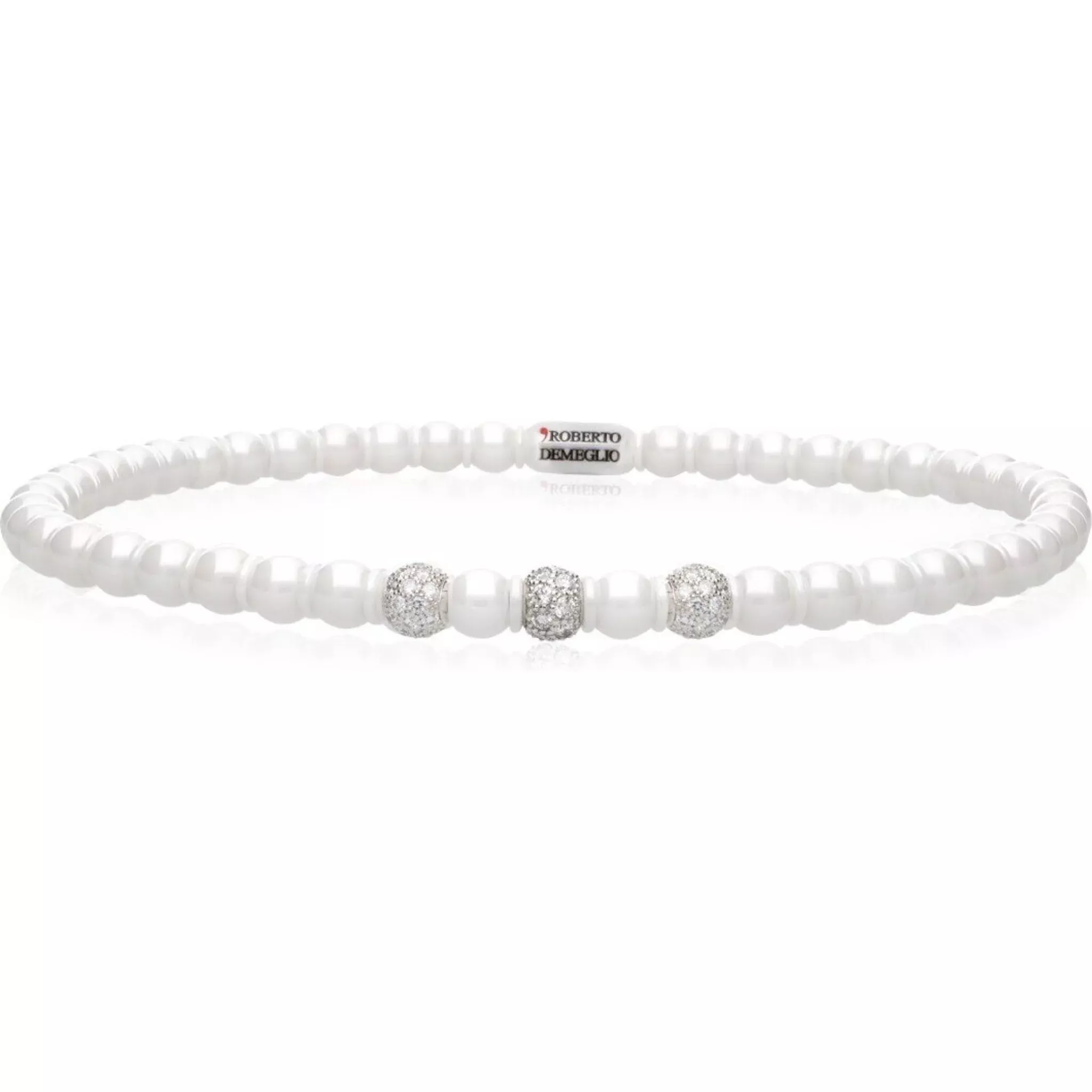 Roberto Demeglio - White Ceramic Bead Stretch Bracelet With 3 Diamond Beads in 18K White Gold