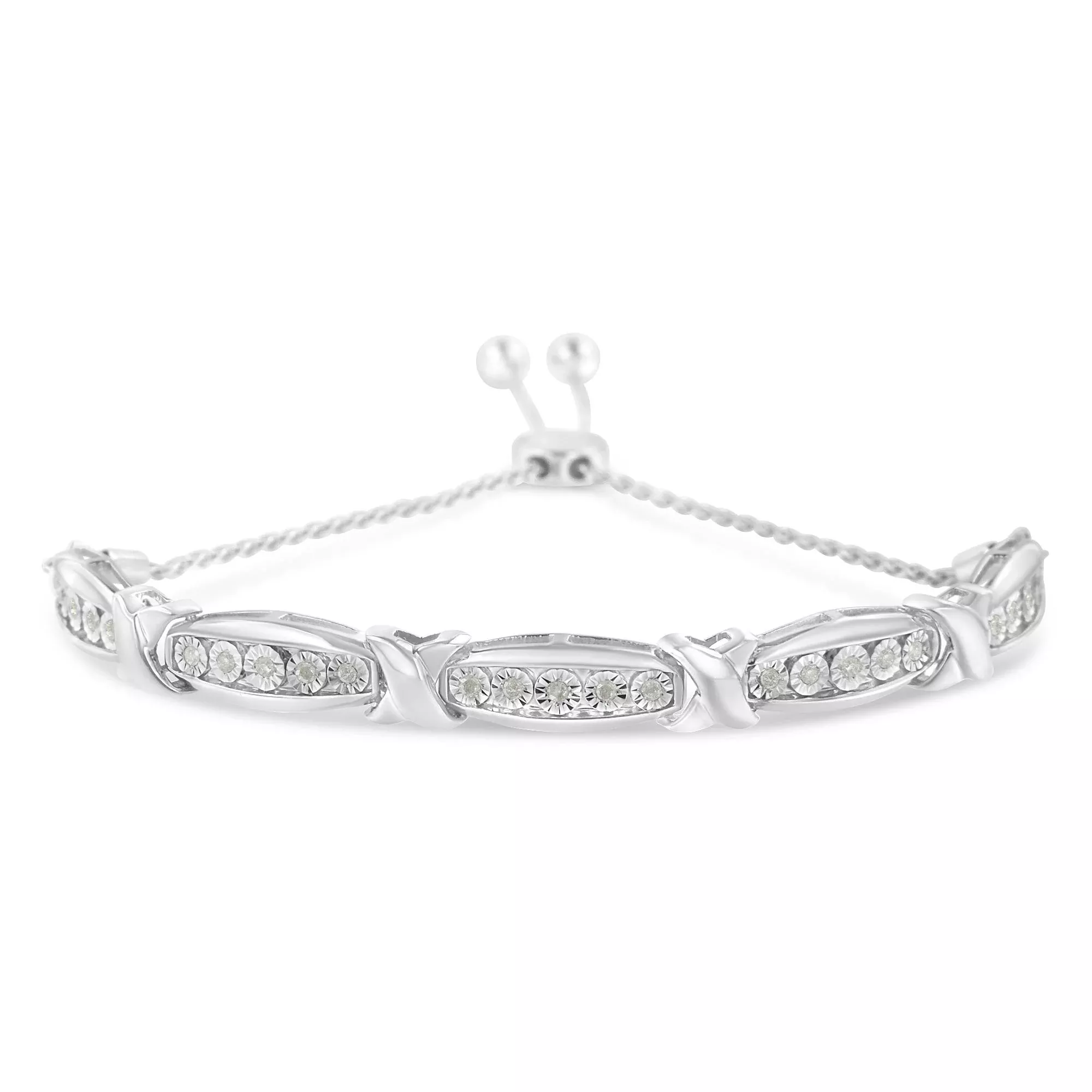 Round-Cut Diamond X & Tapered Bar Miracle-Set Bolo Bracelet (I-J Color, I3 Clarity) - .925 Sterling Silver