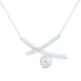 Round Pearl & Diamond Fashion Necklace 14K White Gold