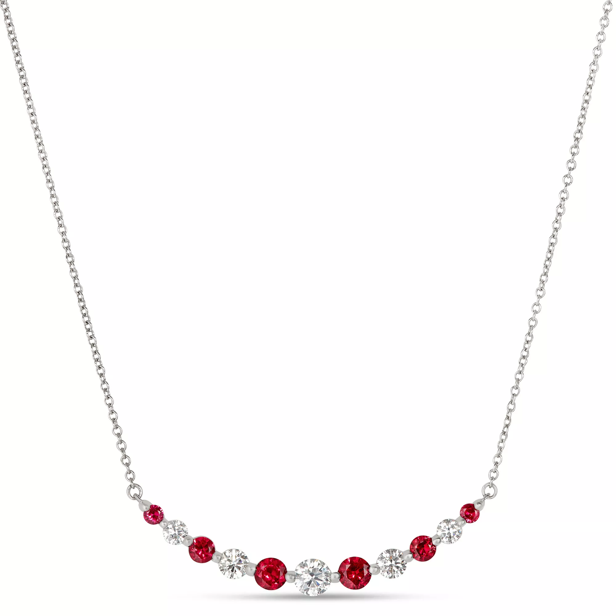 Round Ruby and Diamond Cluster Necklace, 18K White Gold