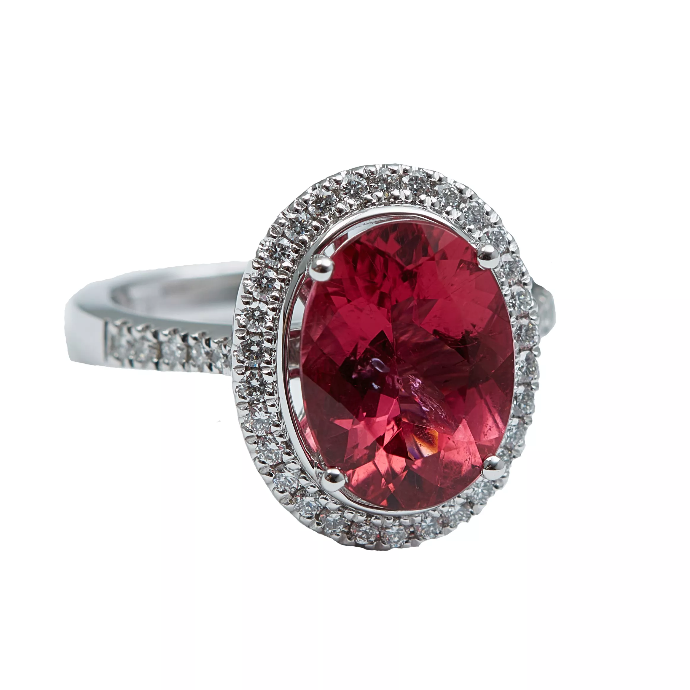 Rubellite and Diamond Halo Ring, 14K White Gold