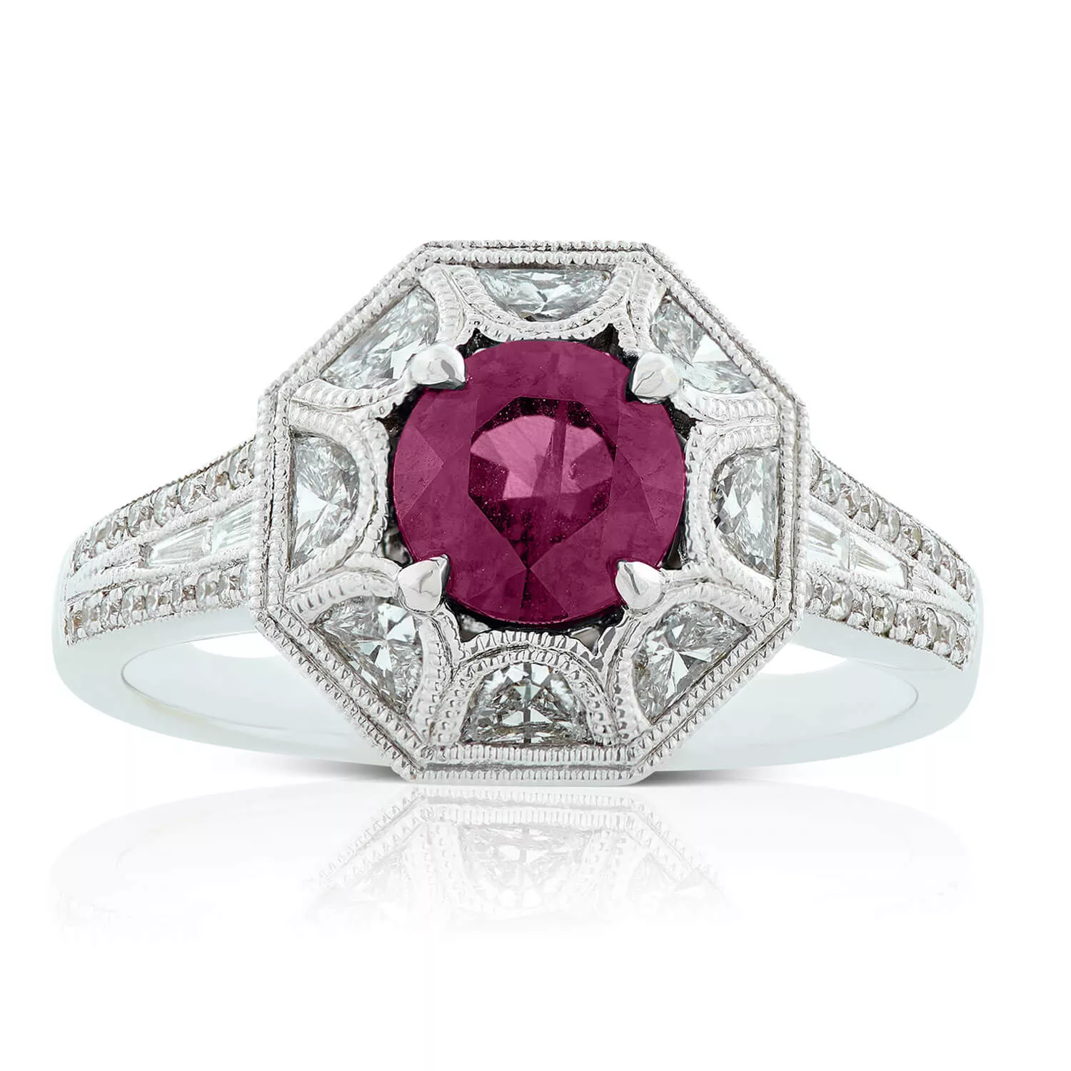 Ruby & Half Moon Diamond Halo Ring 18K