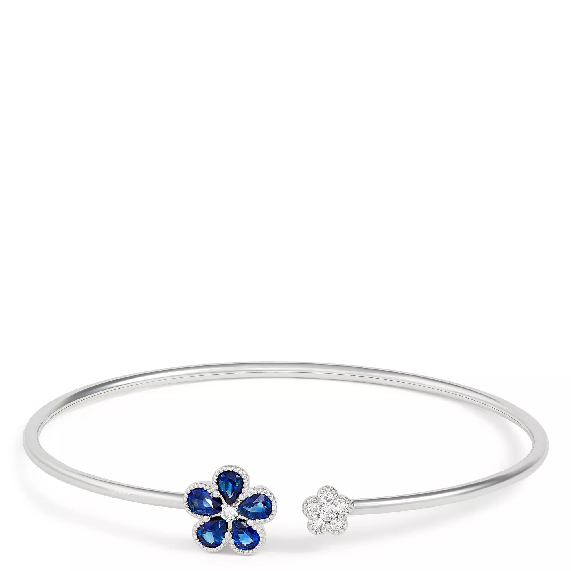 Sapphire & Diamond Flower Bangle Bracelet 14K