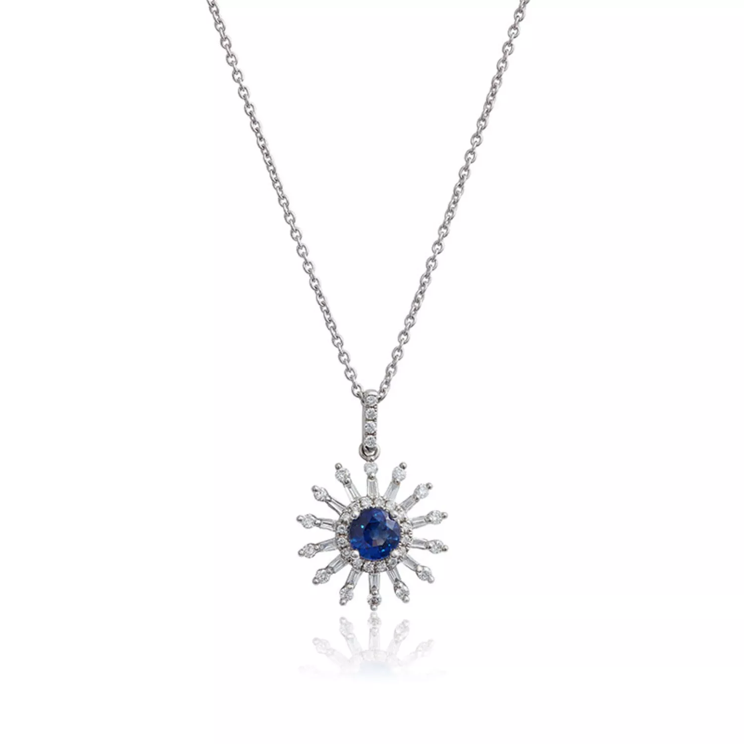 Sapphire & Diamond Sunburst Necklace 14K