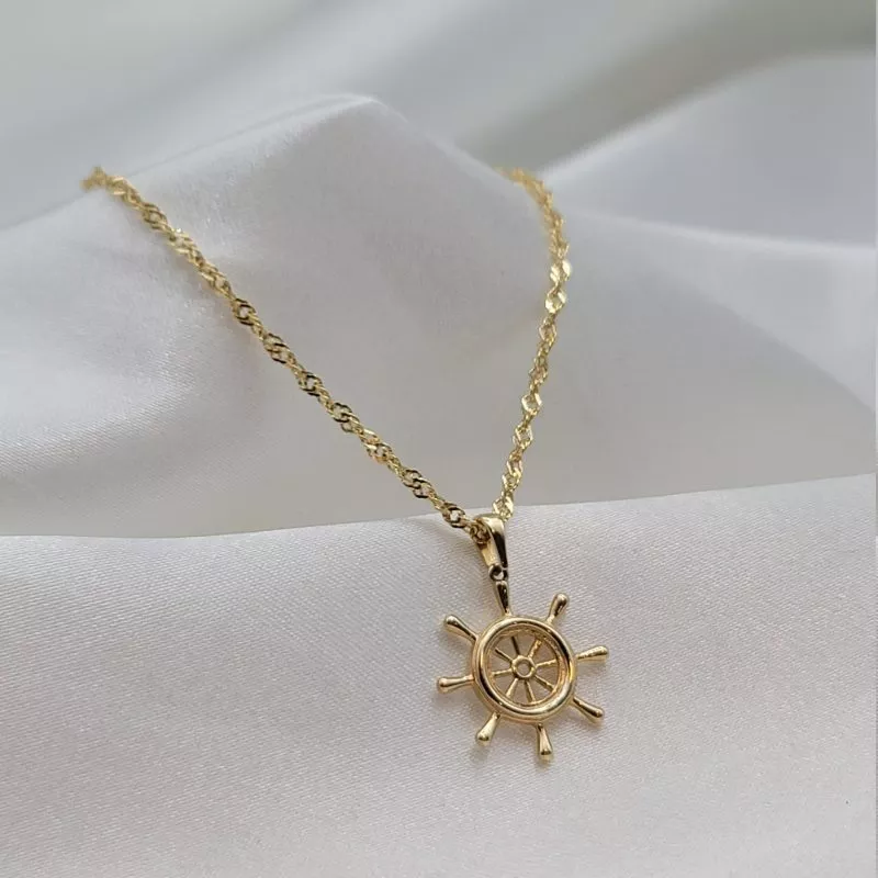 Solid 14K Gold Anchor Pendant Necklace with Singapore Chain 21.5 inch Length
