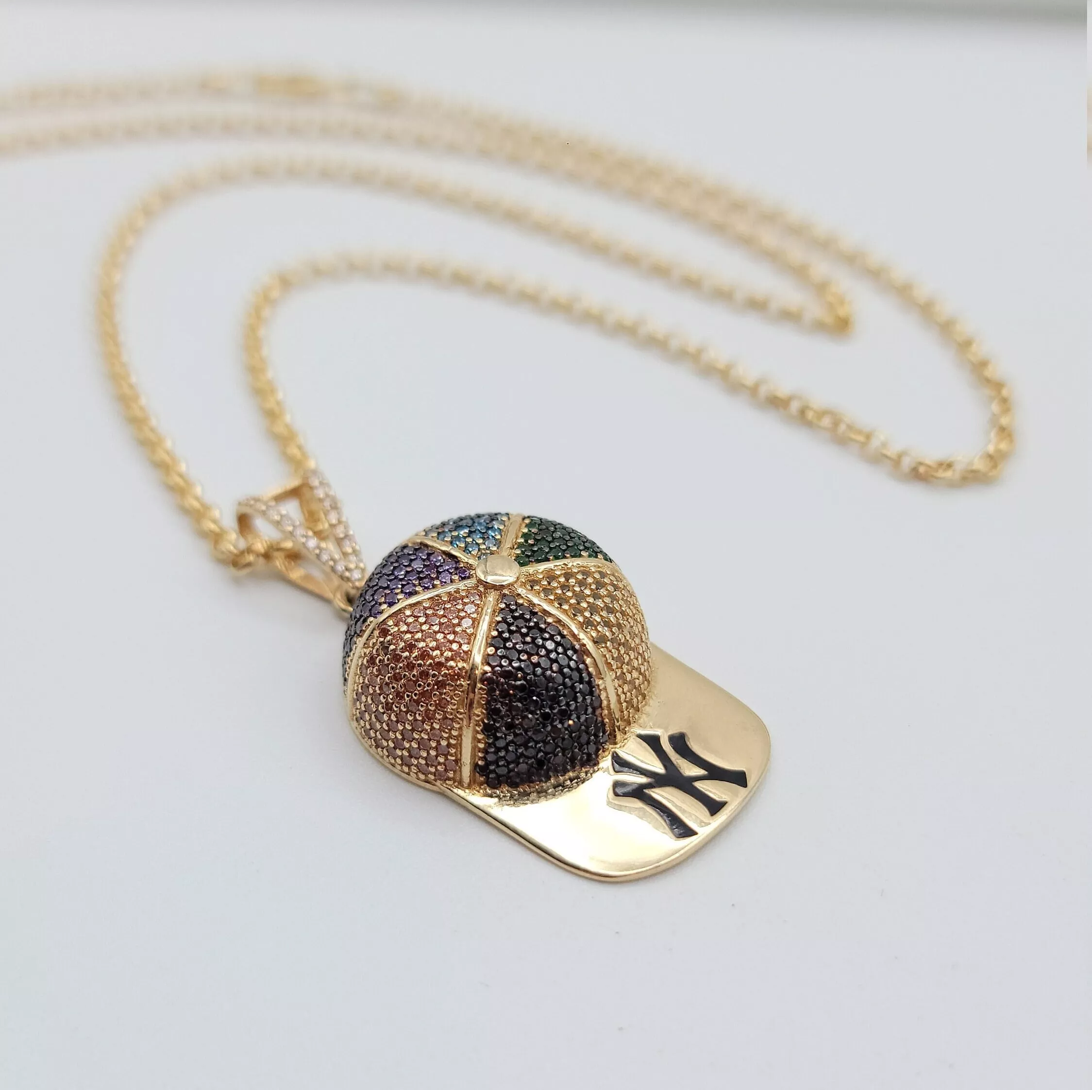 Solid 14K Gold Baseball Cap Necklace – Diamond-Cut Cubic Zirconia Pendant – 20″ Rolo Chain