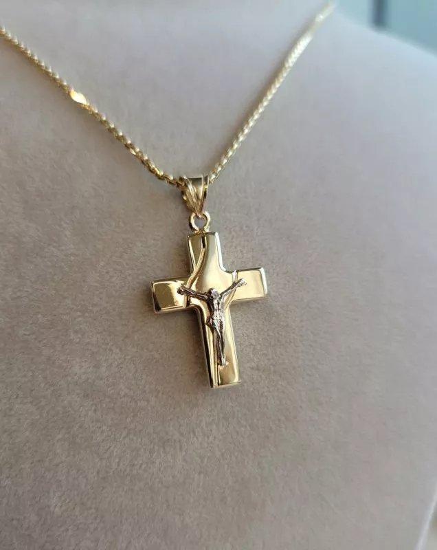 Solid 14K Gold Cross Necklace with Box Chain 20-22 inch Length