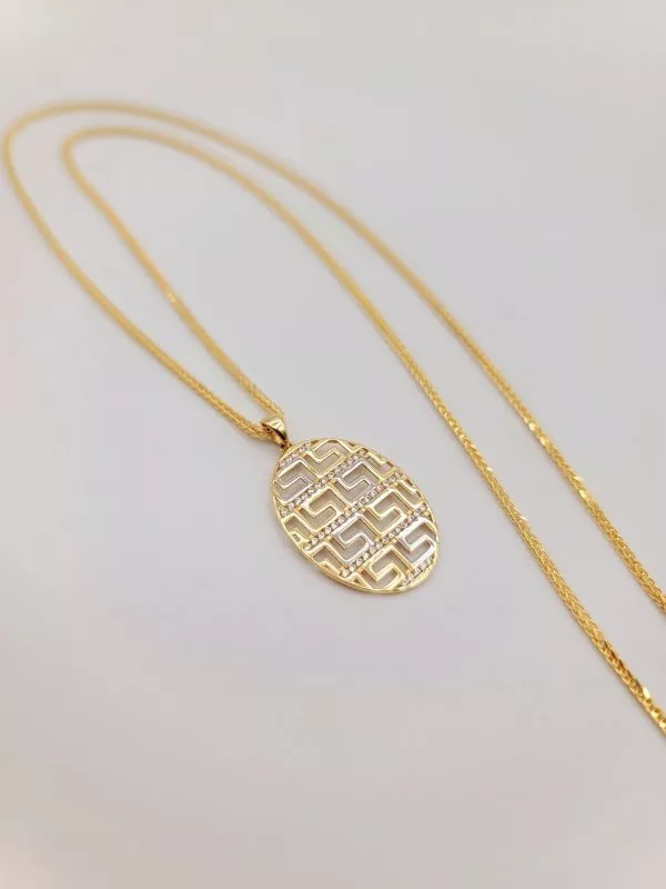 Solid 14K Gold Greek Key Pendant Necklace with Foxtail Chain 21.5 inch Length
