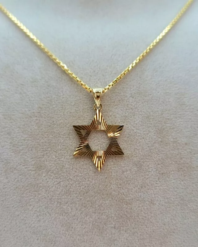 Solid 14K Gold Luxurious Diamond-cut Star of David Pendant Necklace