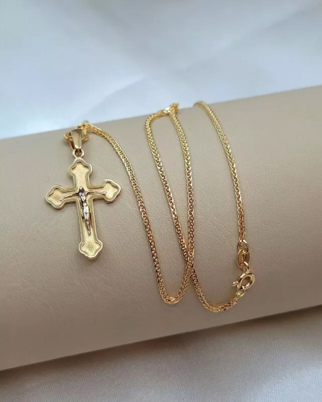 Solid 14K Gold Religious Jesus Cross Charm Pendant Franco Necklace