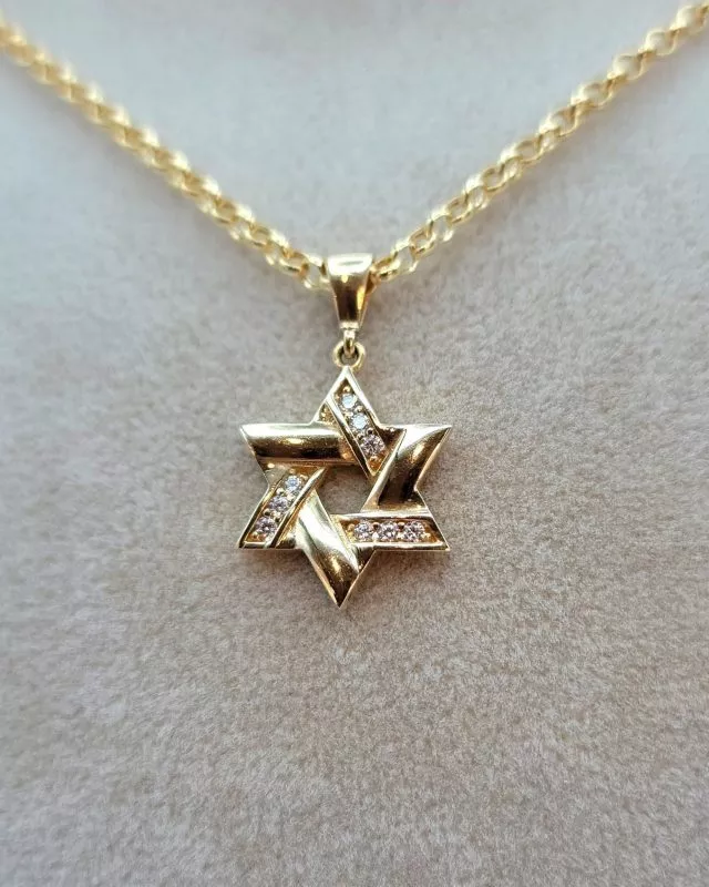 Solid 14K Gold Star of David Pendant Necklace with Rolo Chain