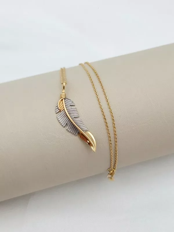 Solid 18K Gold Feather Pendant Necklace with Cable Chain