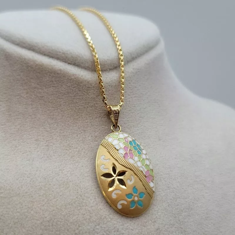Solid 18K Gold Hand Engraved Charm Necklace with Box Chain