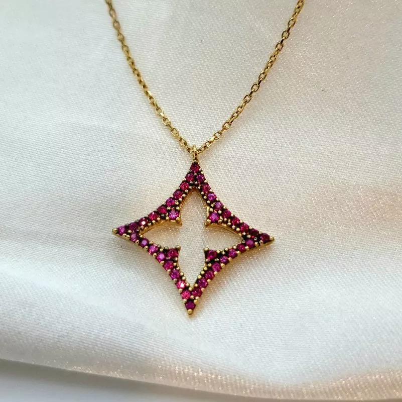 Solid 18K Gold Stone Star Necklace with Cable Chain