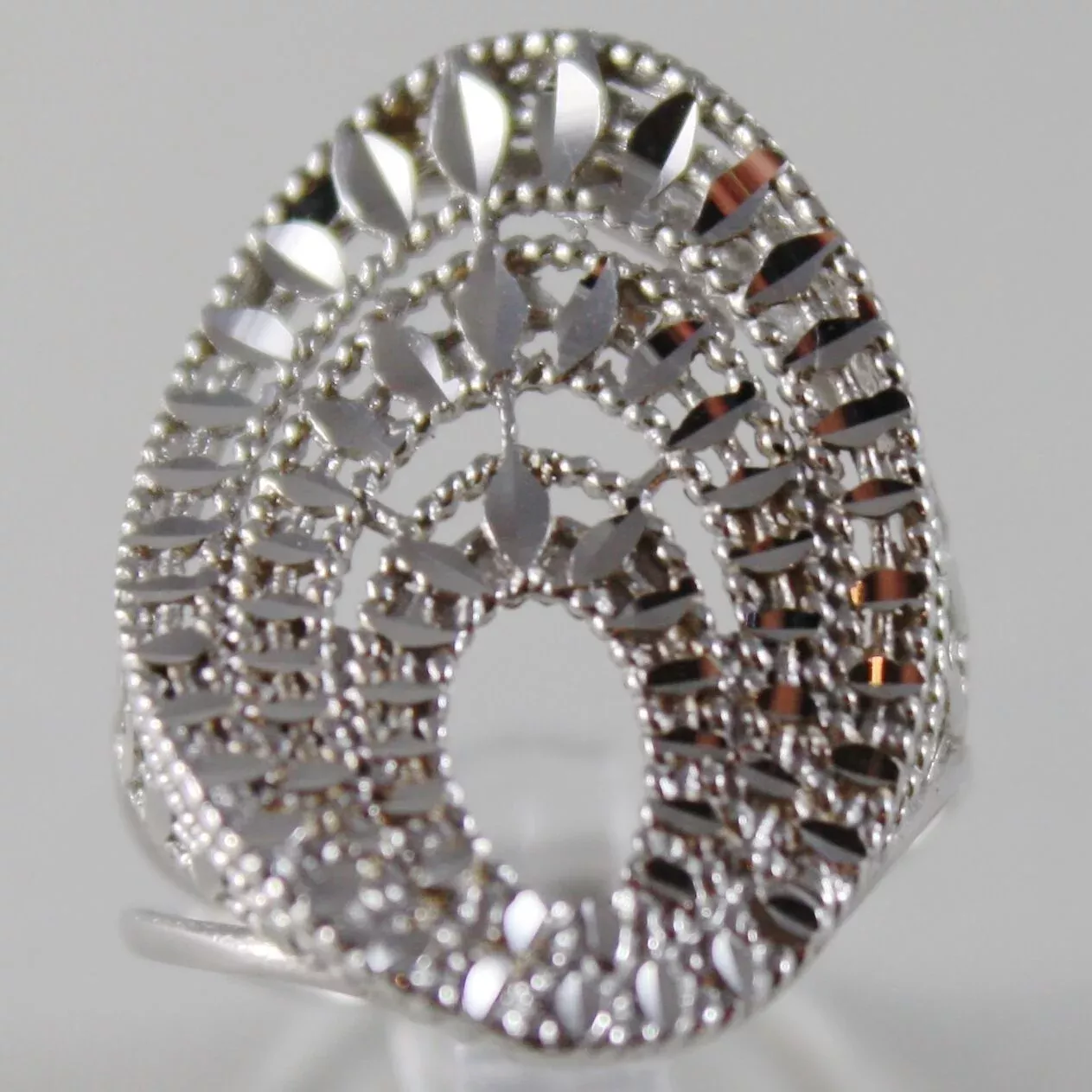 SOLID 18K WHITE GOLD BAND RING OVAL WAVE, BRIGHT, FINELY WORKED MADE IN ITALY