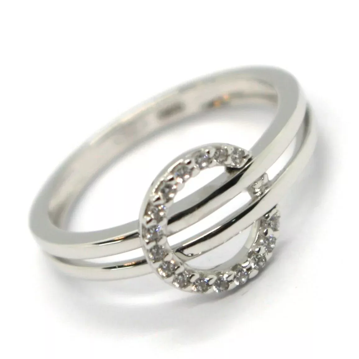 SOLID 18K WHITE GOLD DOUBLE TUBE BAND RING WITH CENTRAL CUBIC ZIRCONIA CIRCLE