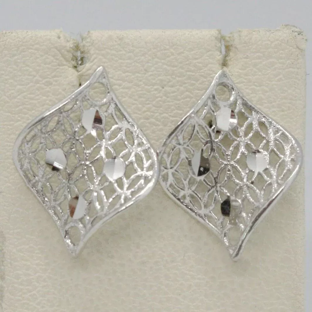 SOLID 18K WHITE GOLD EARRINGS FINELY WORKED ONDULATE LEAF MADE IN ITALY