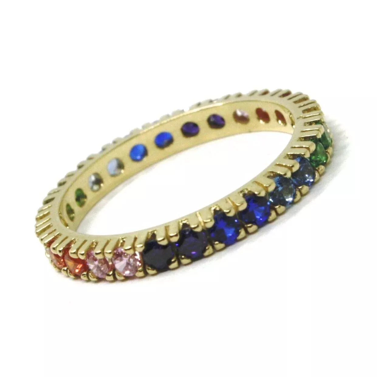 SOLID 18K YELLOW GOLD ETERNITY BAND RING, MULTI COLOR, RAINBOW CUBIC ZIRCONIA