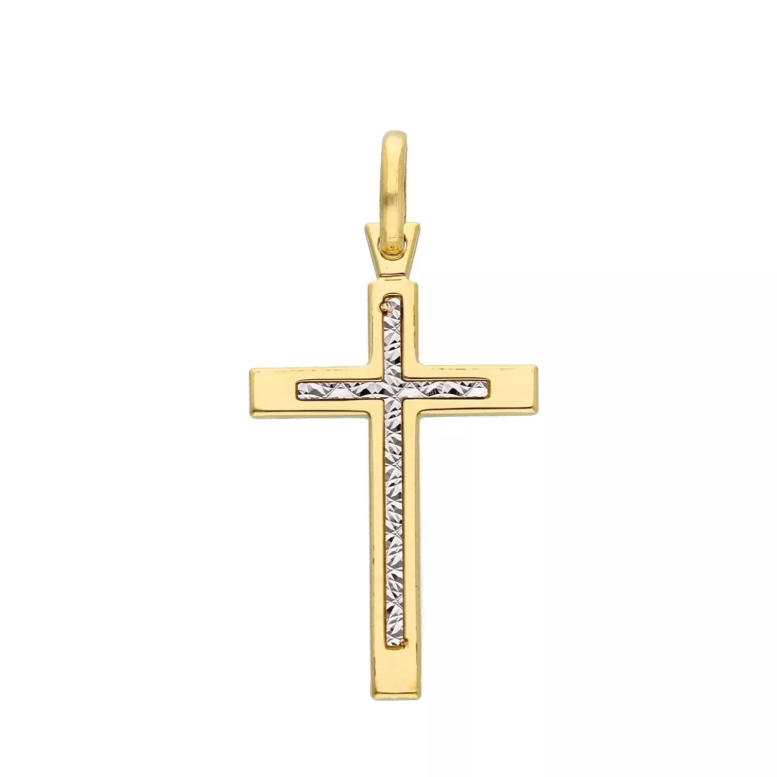 Solid 18k yellow and white gold cross luster and shiny hammeredmade in Italy