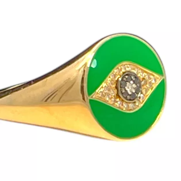 Solid Yellow Gold Green Enamel Black & White Diamonds Evil Eye Ring