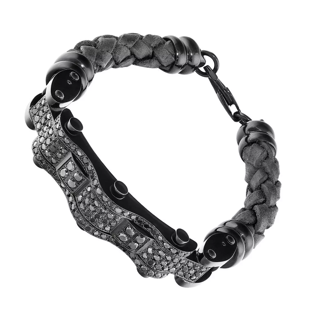 Stainless Steal Leather Black Diamond Bracelet 4.5 Ctw
