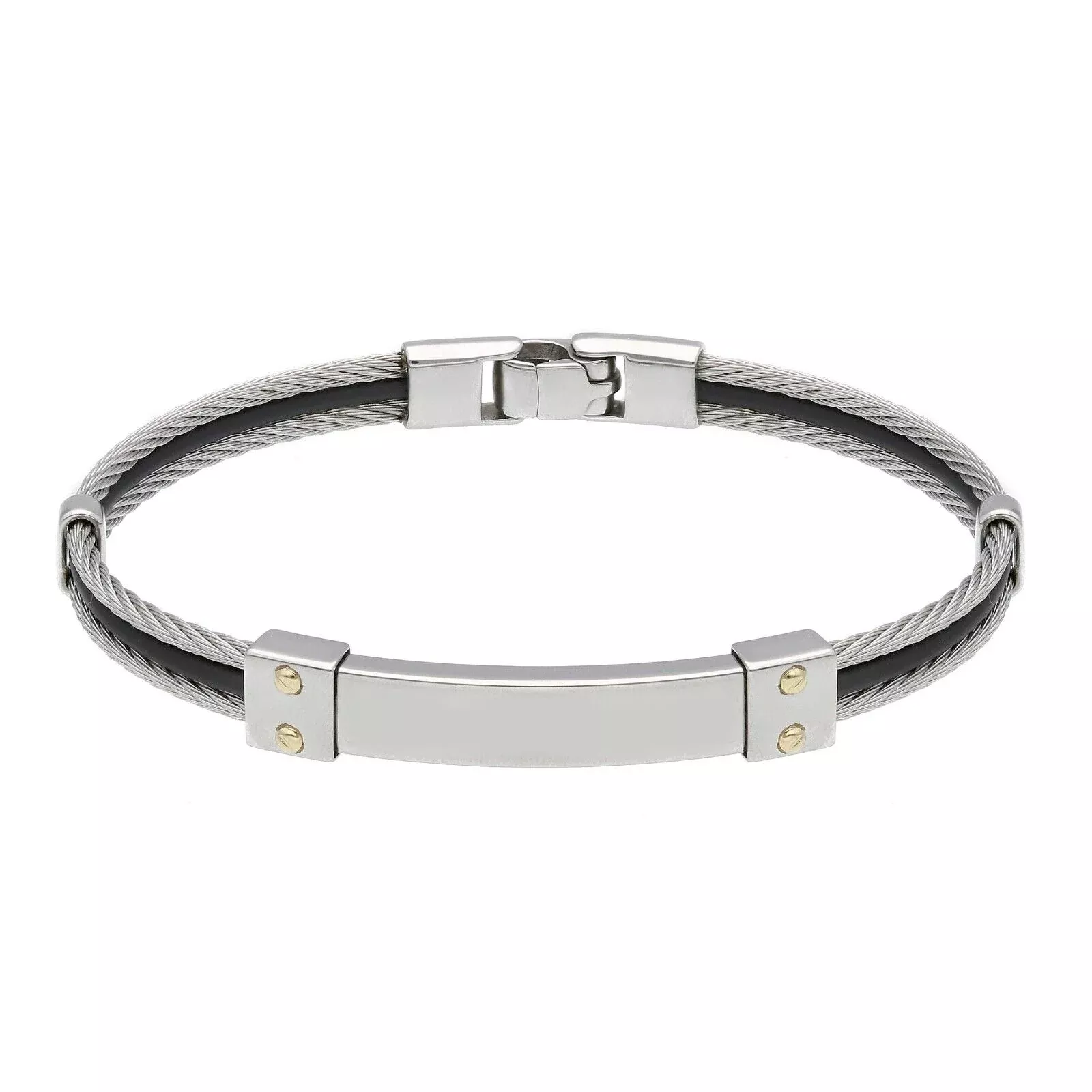 STAINLESS STEEL ROPE CABLE BRACELET 6mm BANGLE BLACK RUBBER 18K GOLD INSERTS