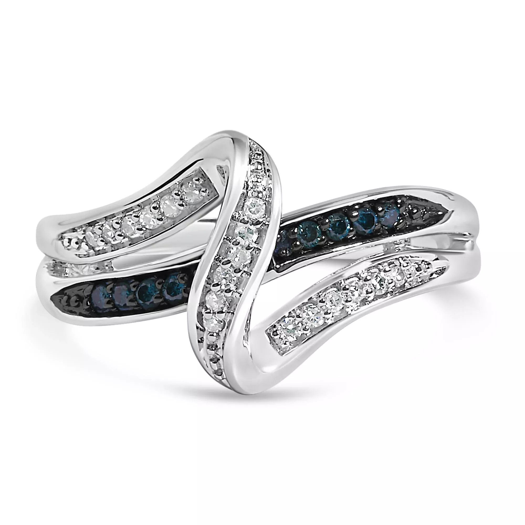 Sterling Silver 1/10 Cttw Blue and White Diamond Crossover Ring