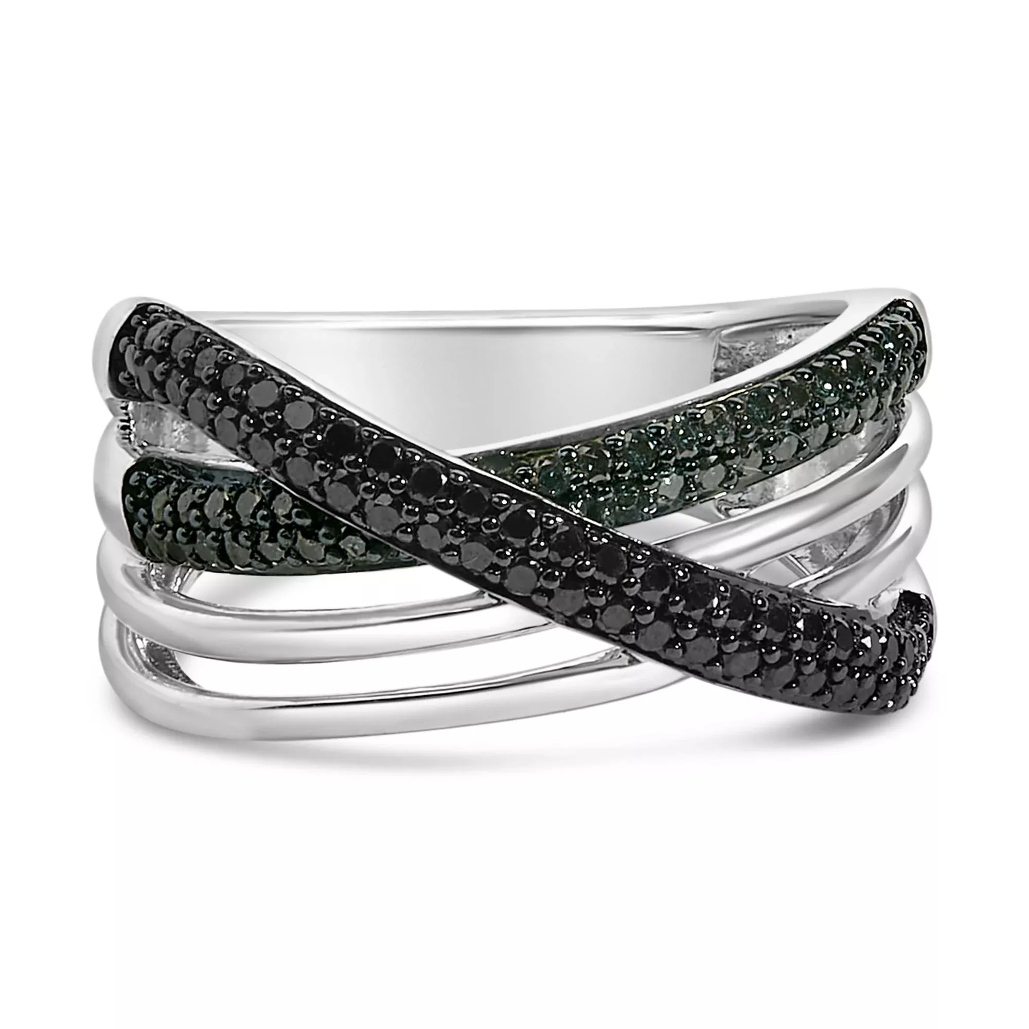 Sterling Silver 1/2 Cttw Black and Blue Diamond Crossover Bypass Ring