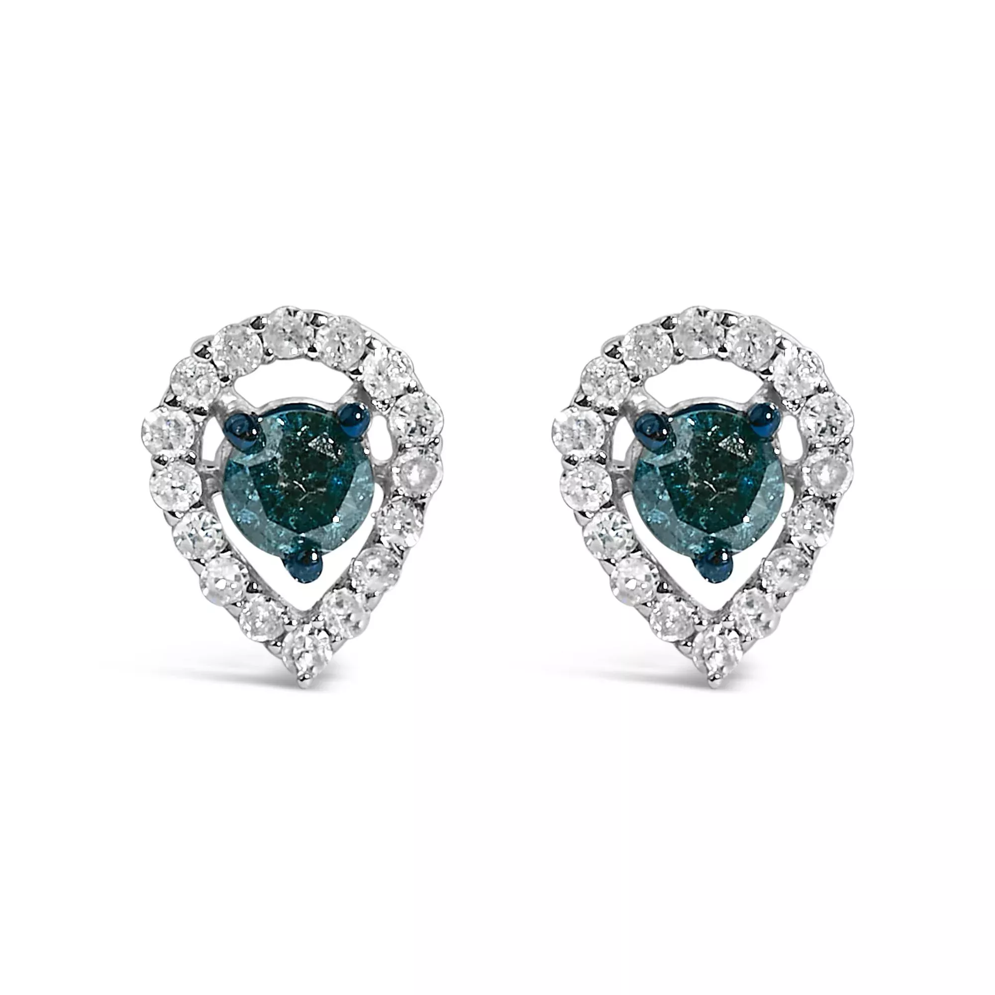 Sterling Silver 1/2 Cttw Blue and White Diamond Pear Shape Halo Stud Earrings