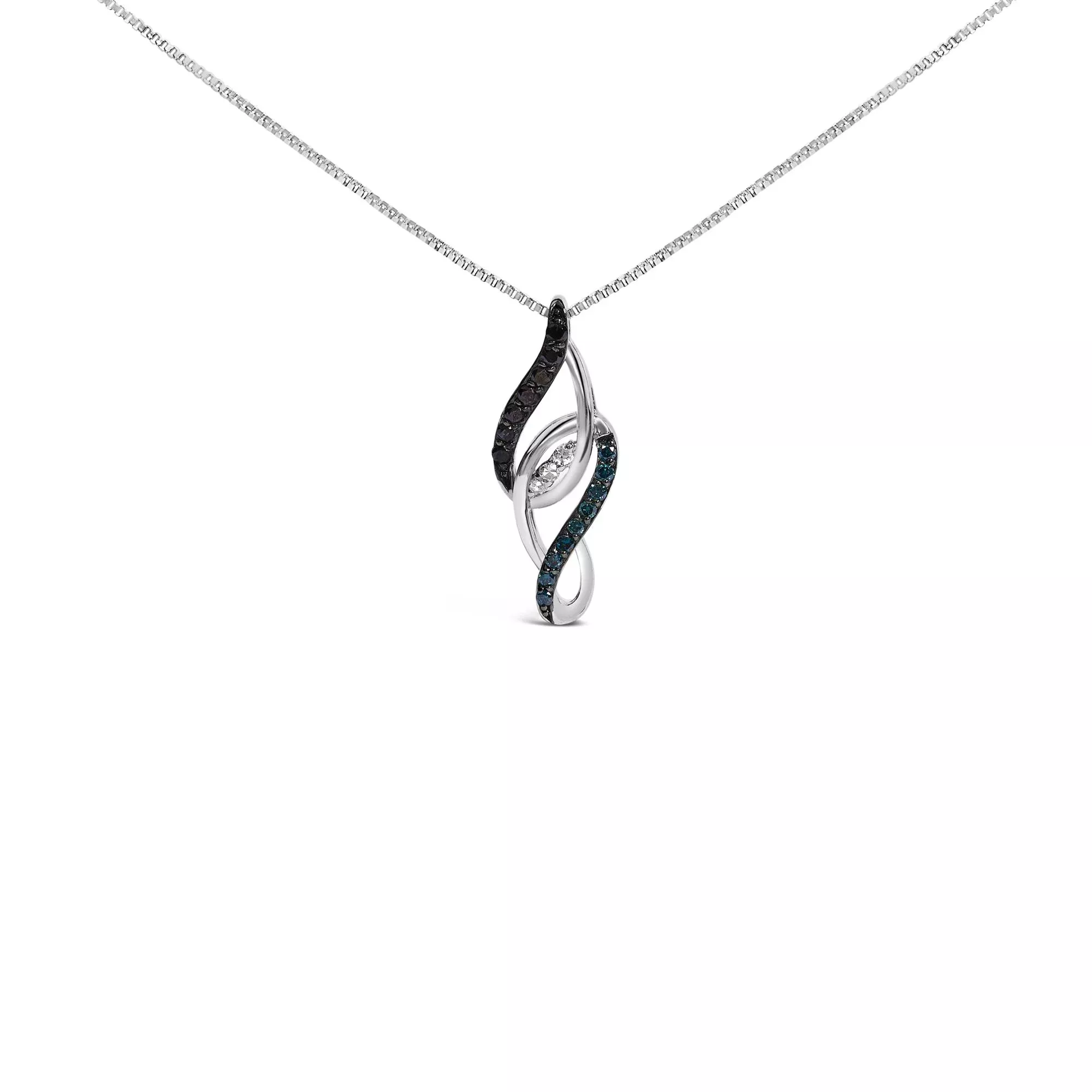 Sterling Silver 1/4 Cttw Black Blue White Diamond Linear Swirl Pendant Necklace