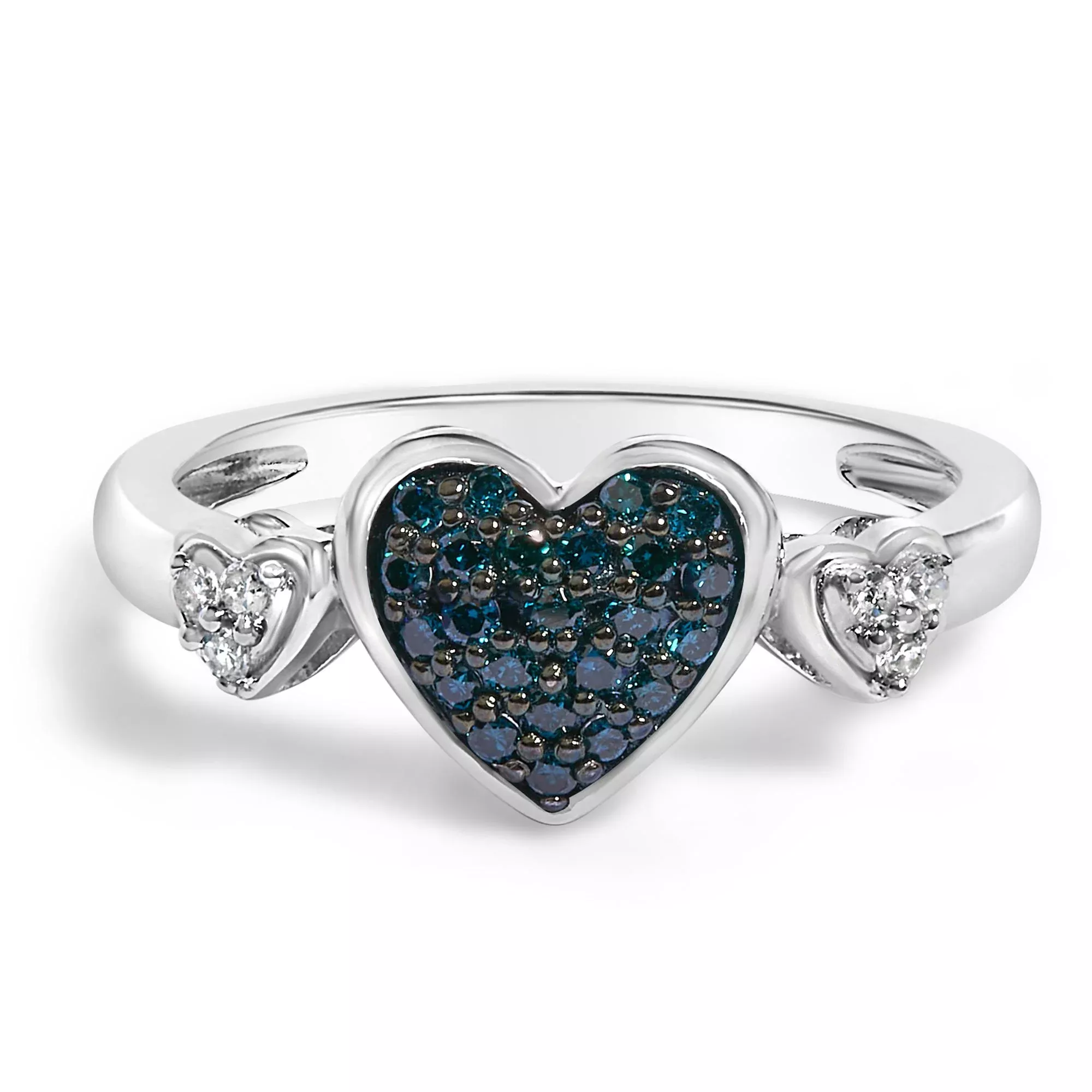 Sterling Silver 1/5 Cttw Blue and White Diamond Triple Heart Ring