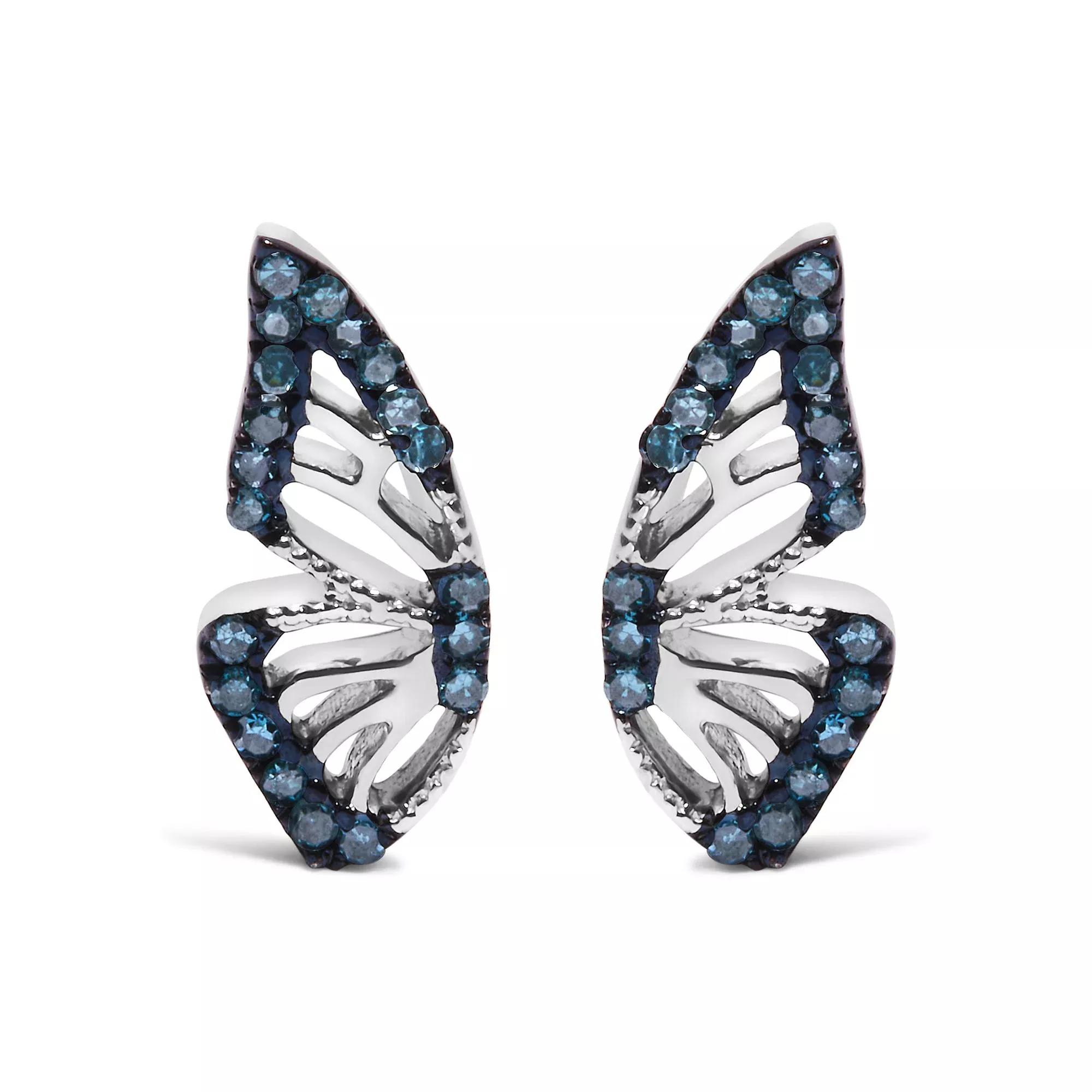 Sterling Silver 1/6 Cttw Blue Treated Diamond Butterfly Stud Earrings