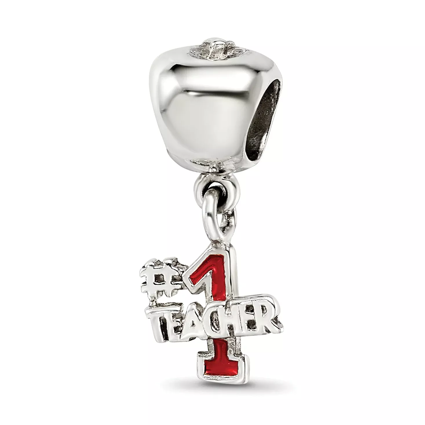 Sterling Silver #1 Teacher Apple Dangle Bead with Enameled Finish
