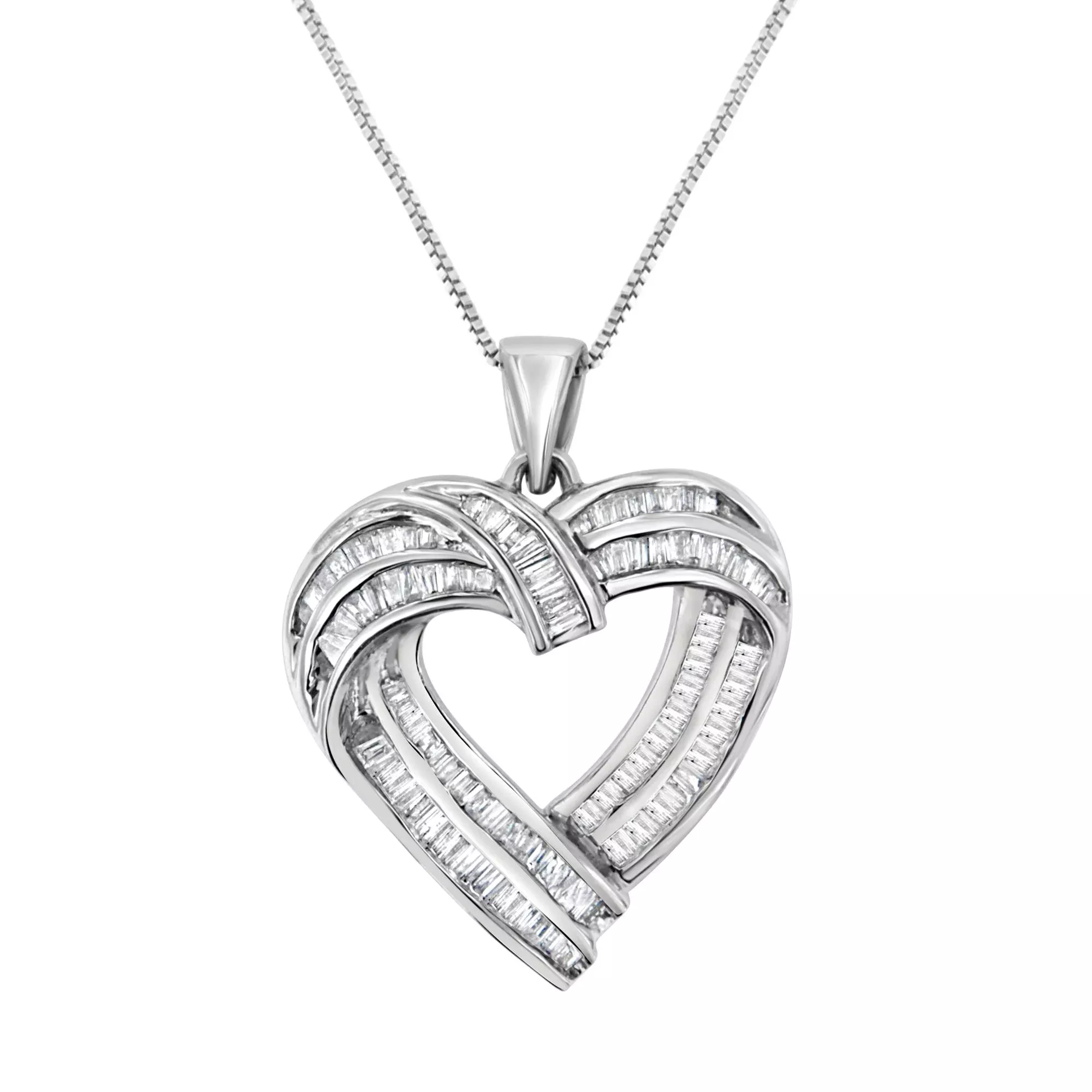 Sterling Silver 7/8 cttw Baguette Diamond Heart Pendant Necklace (I-J, I2-I3)