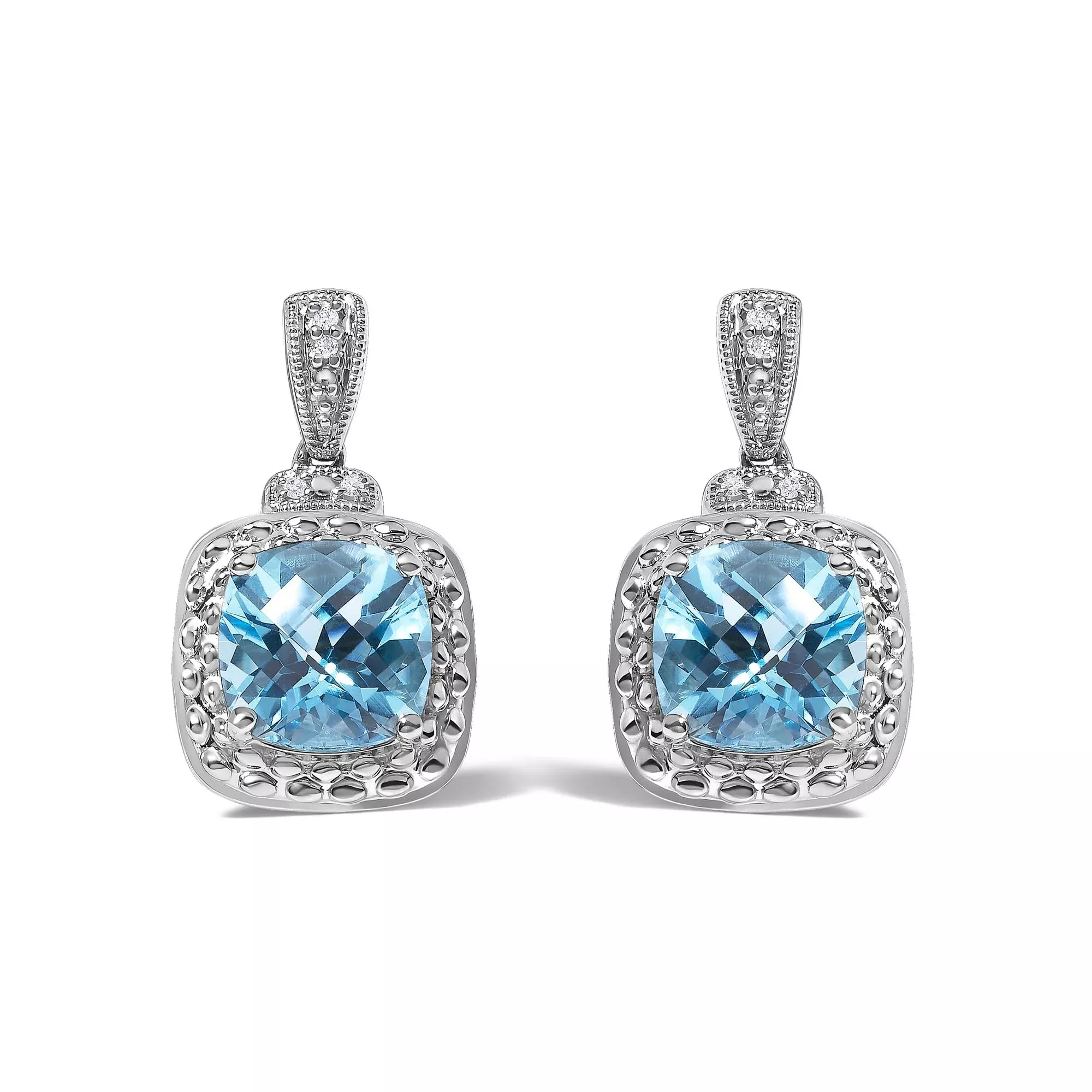 Sterling Silver 8x8mm Cushion Cut Blue Topaz and Diamond Accent Drop Earrings