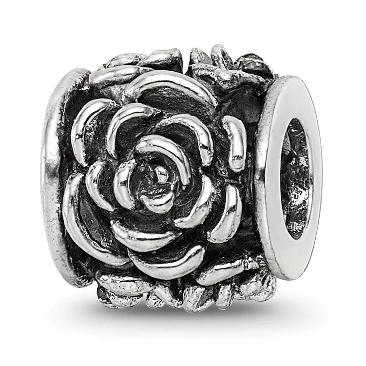 Sterling Silver 925 Antiqued Bali Bead with Rose Design Solid Cast