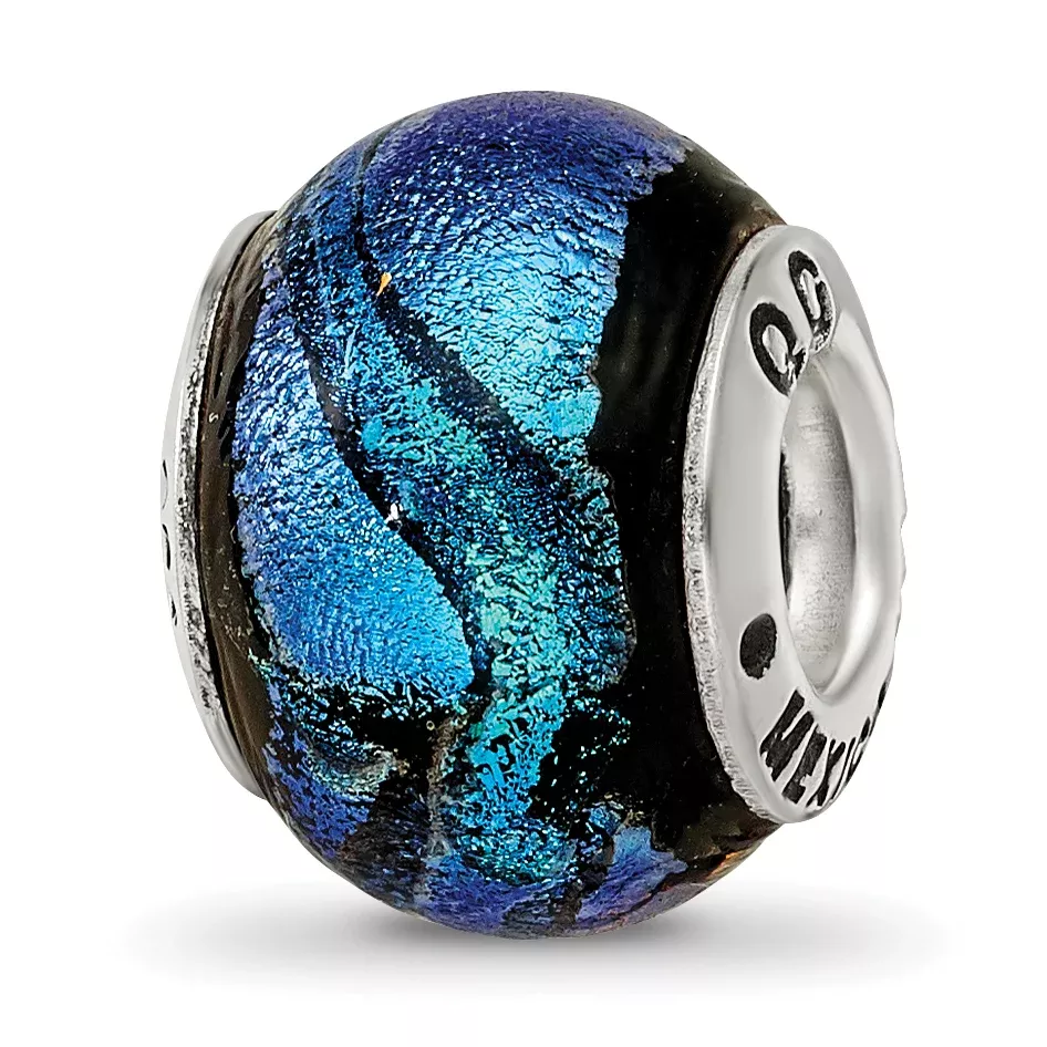 Sterling Silver 925 Antiqued Blue Dichroic Glass Bead Elegant Artisan Design