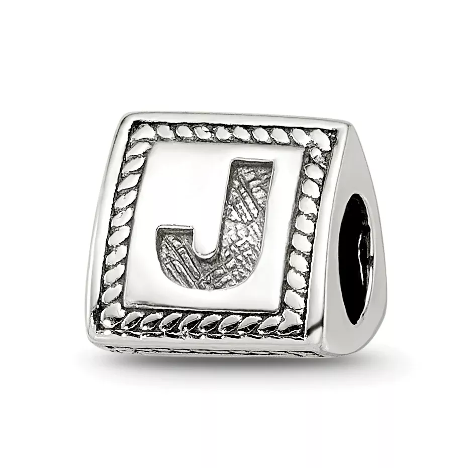 Sterling Silver 925 Antiqued Letter J Block Bead Solid Cast Design