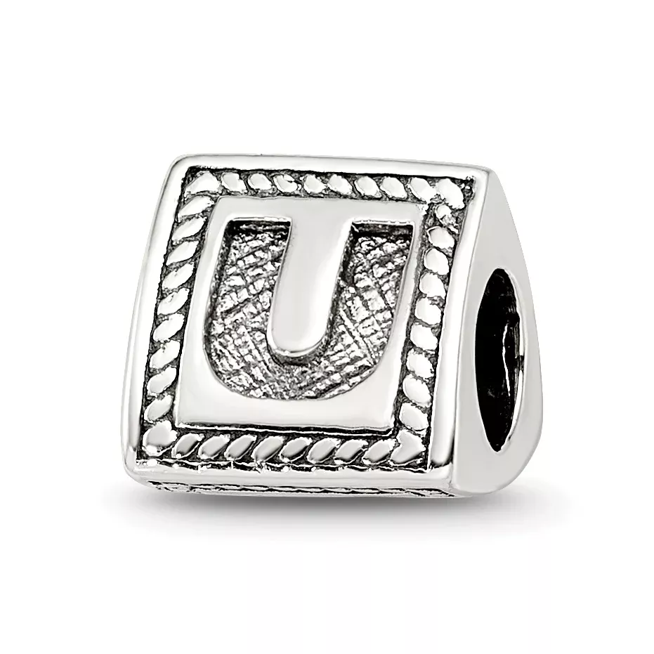 Sterling Silver 925 Antiqued Letter U Bead Solid Casted Timeless Charm