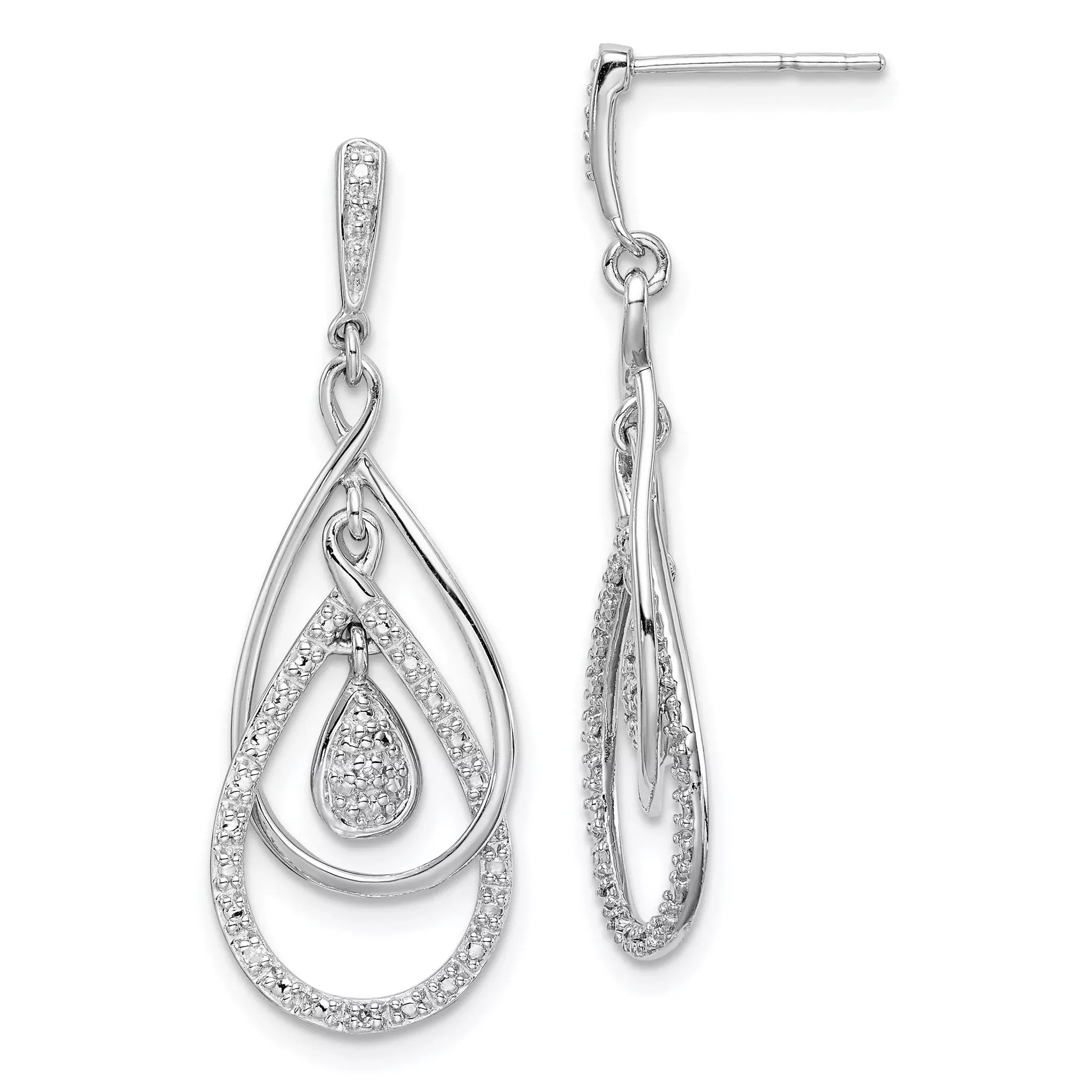 Sterling Silver 925 Diamond Dangle Earrings with Rhodium Plating, Polished Finish