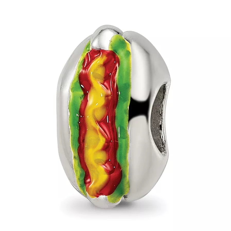Sterling Silver 925 Enameled Hot Dog Bead with Antiqued Finish Fun Themed Design