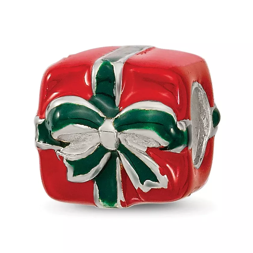 Sterling Silver 925 Enameled Present Bead with Red & Green Accents