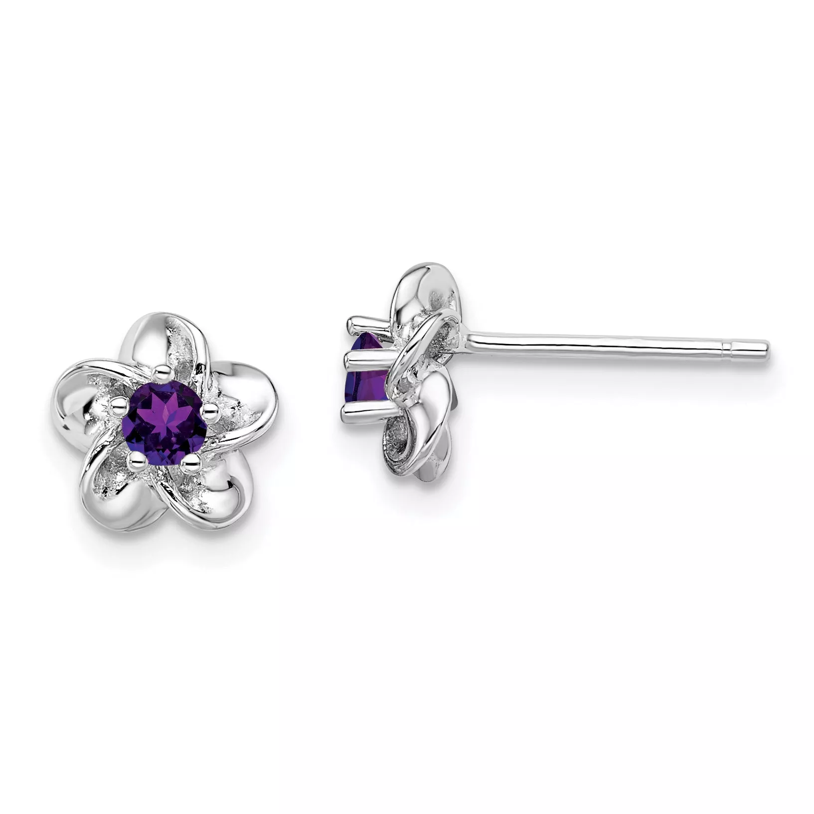 Sterling Silver 925 Floral Amethyst Post Earrings with Rhodium-Plated Finish
