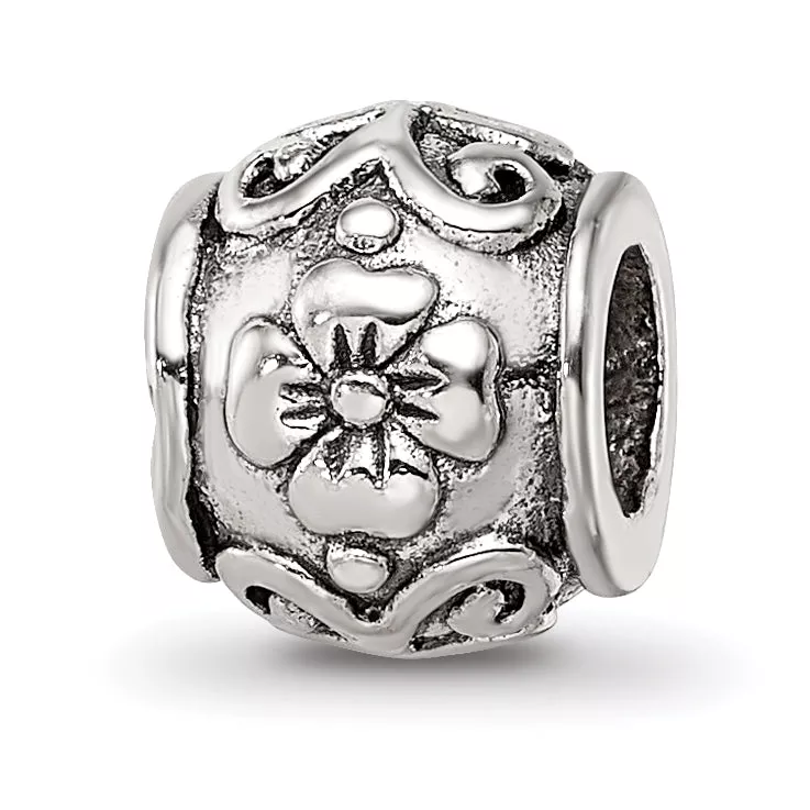 Sterling Silver 925 Floral Bead with Antique Finish Solid Charm