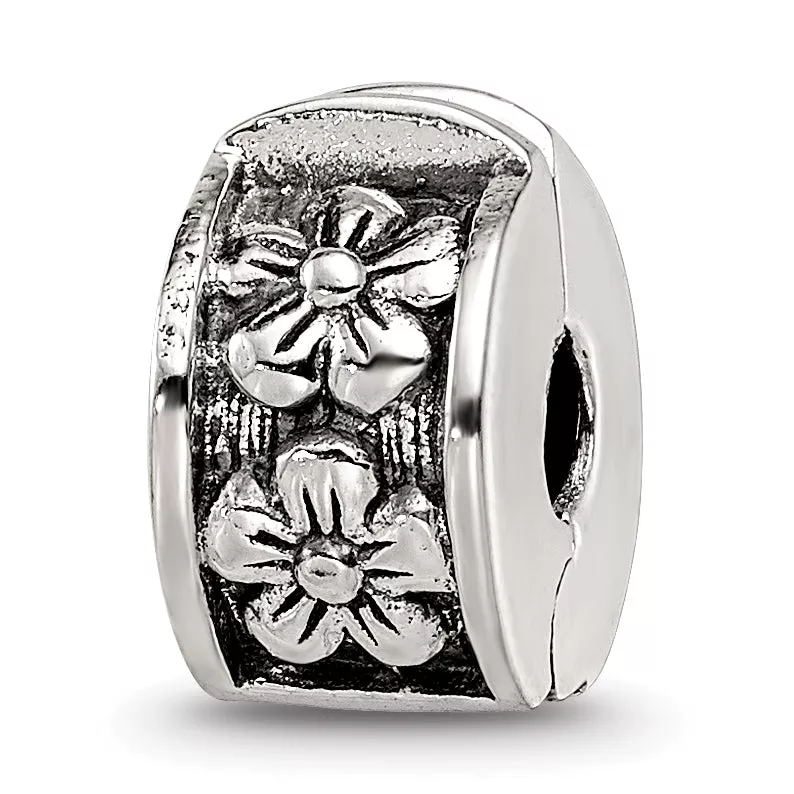 Sterling Silver 925 Floral Hinged Clip Bead with Antiqued Finish Elegant Design