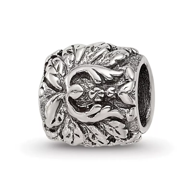 Sterling Silver 925 Floral and Leaves Bead with Antiqued Finish Solid Design