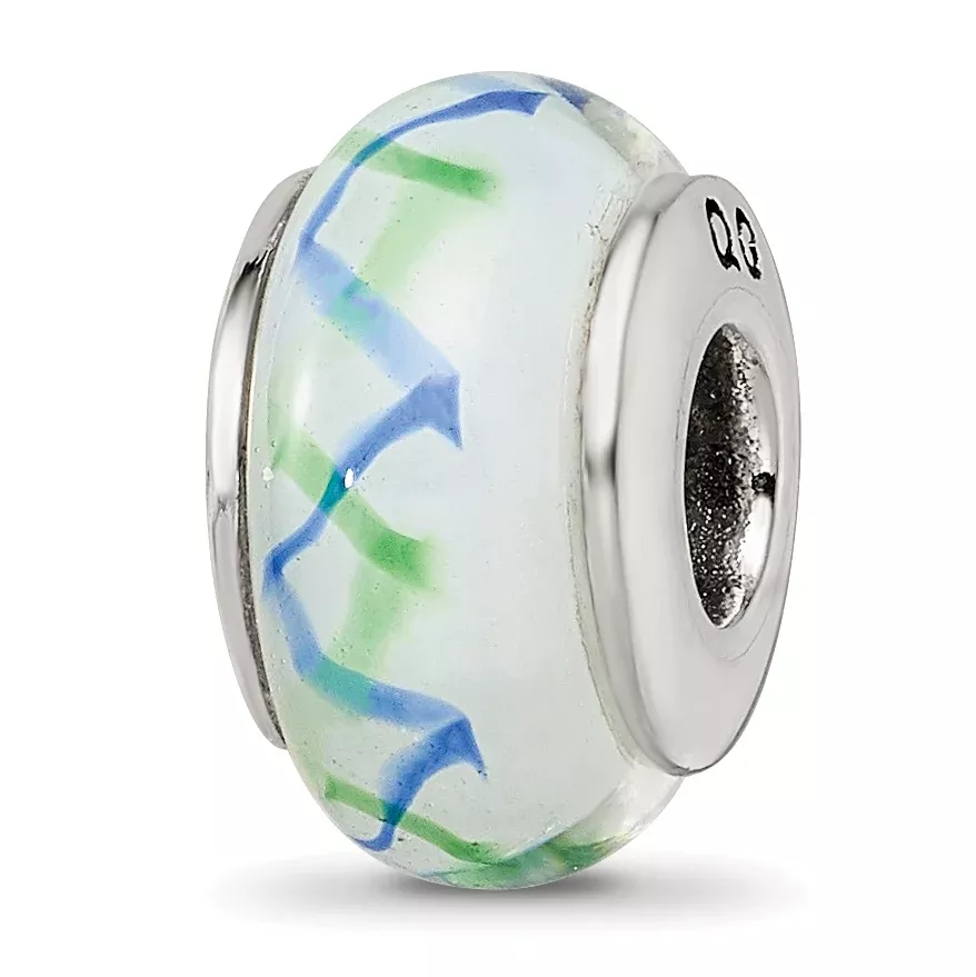 Sterling Silver 925 Hand-Blown Glass Bead with Antiqued Finish in Green/Blue